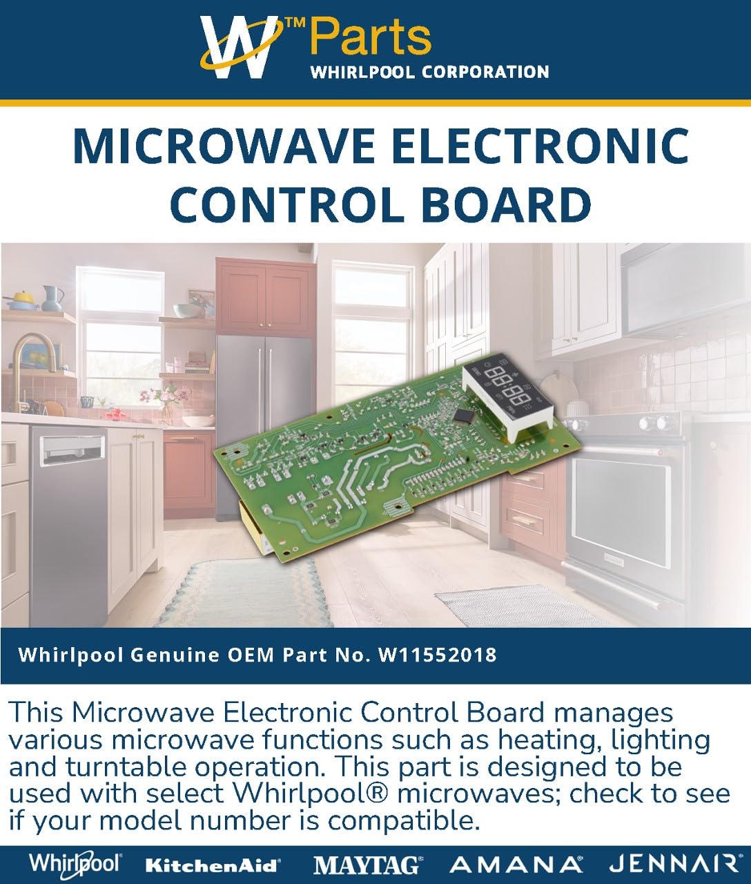 Whirlpool W11552018 Genuine OEM Microwave Electronic Control Board Replacement Part - Replaces W10831030, W11106356, W10849829, W10886650, W10892389, and W11544451