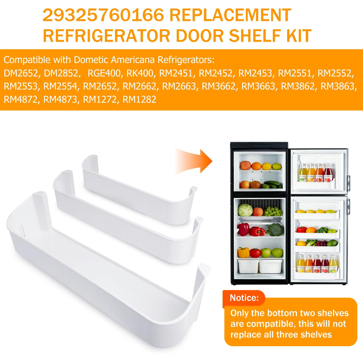 Genukraft 29325760166 RV Fridge Door Shelf Replacement Kit, Fit for Dometic DM2652 DM2852 RM Series Fridges 3 Pack White Freezer Upper Bottom Door Bin Snap-In Food Grade Replacement
