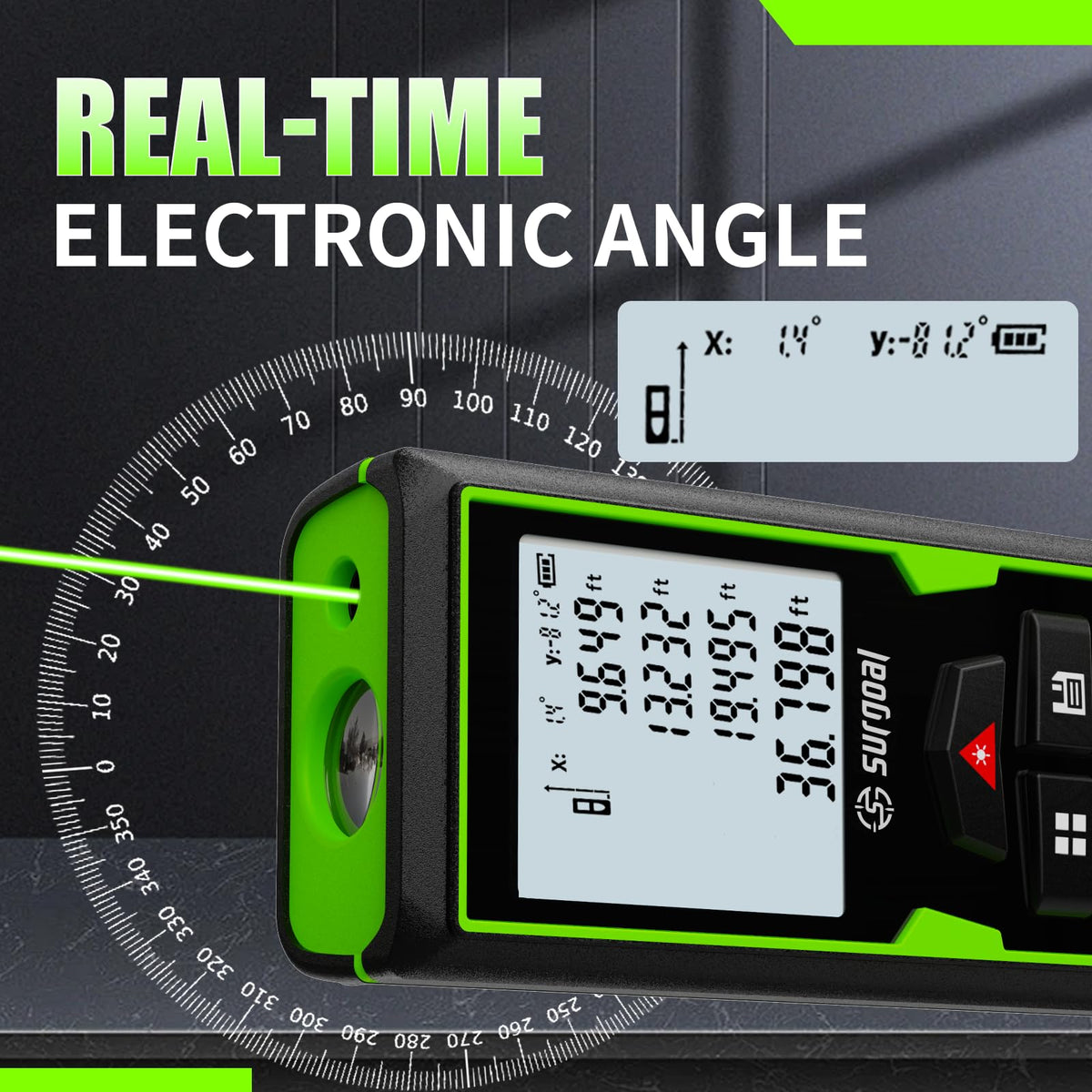 Green Laser Distance Measure USB-C Rechargeable Live XY Angle Sensor 393FT