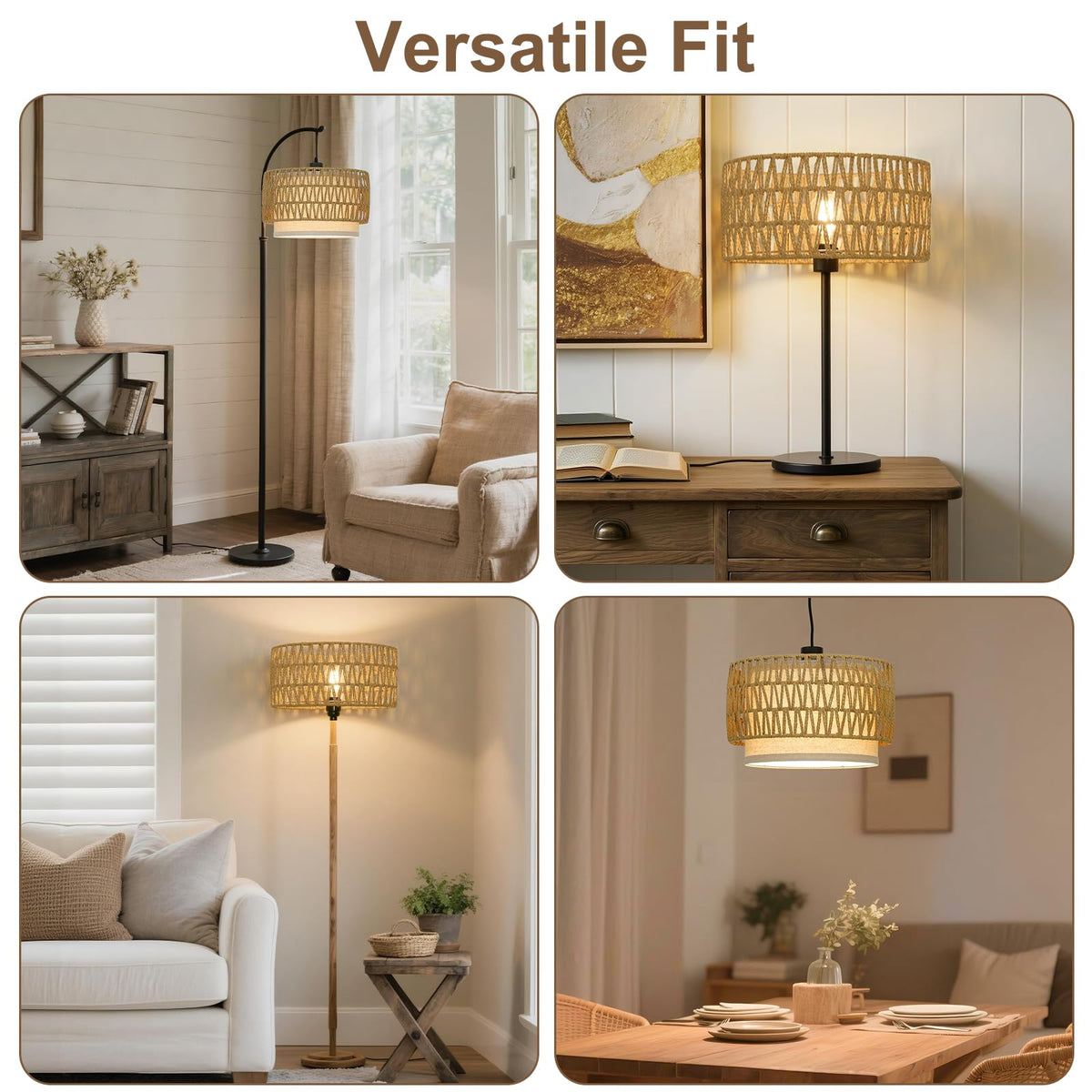 Boho Rattan Lamp Shade, 12.6" Top x 12.6" Bottom x 7.68" High, Natural Rattan & Linen Double Layer Lamp Shades for Floor Lamps Table Lamps Chandelier, UNO Fitter Lampshade Replacement, Easy Assembly