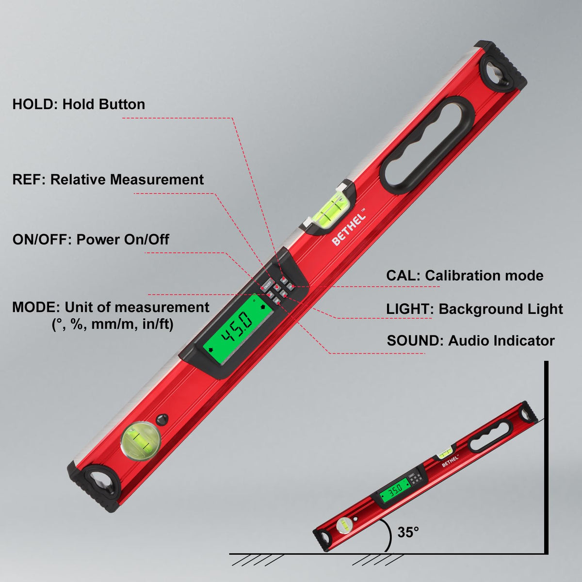 BETHEL 24Inch Digital Level with LCD Display Magnetic torpedo MeasuringTool