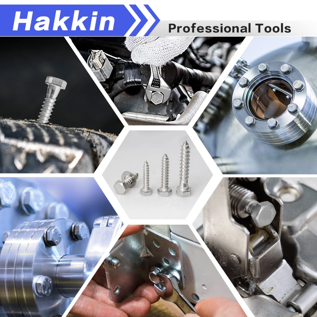 Hakkin 100PCS 1/4" 5/16" 3/8" Hex Lag Bolts Screws Washer Assortment Kit, Hexagon Head Lag Screws 304 Stainless Steel,Heavy Duty Wood Screws Assortment Kit Length Include 1" 1-1/4" 1-1/2" 2"