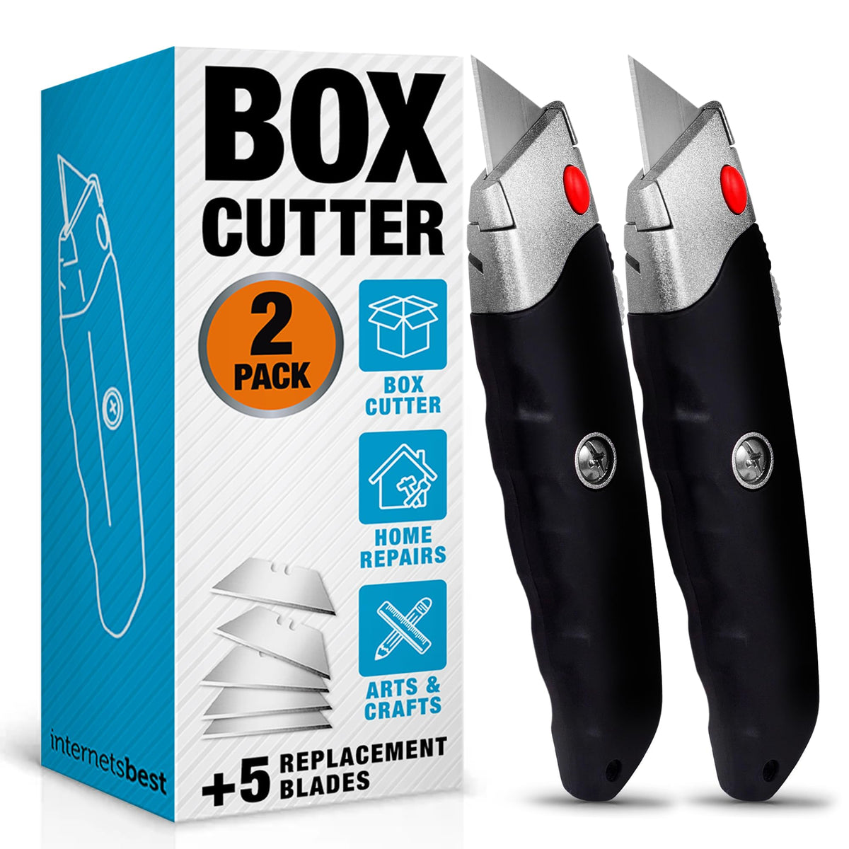 INTERNET'S BEST Premium Utility Knife Set, Retractable Box Cutter with Rubber Handle, Heavy-Duty Cutting for Cardboard, Carpet, Plastic, Retractable Blade, Includes 2 Razor Knives & Extra Blades