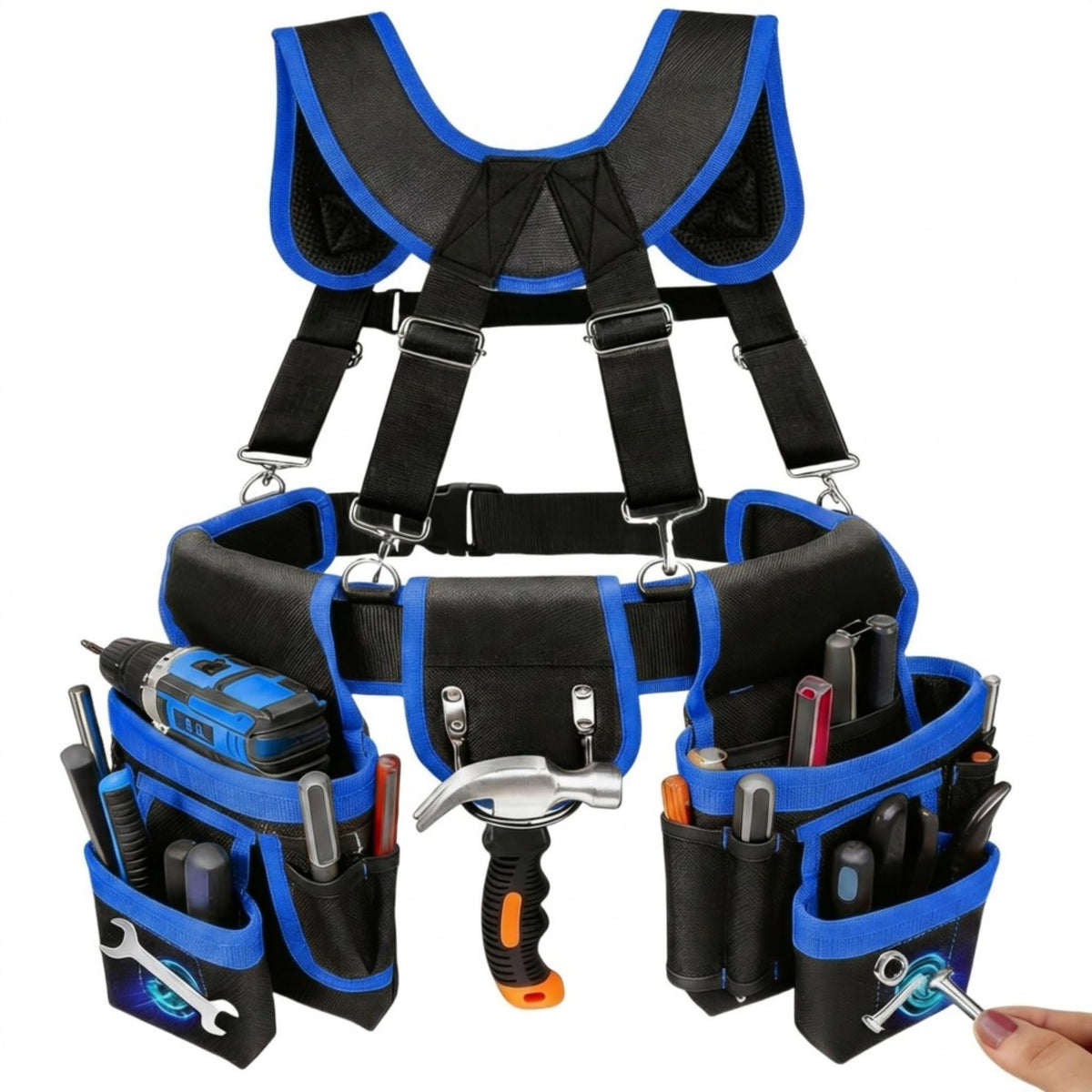 Magnetic Tool Belt, Heavy Duty Tool Pouch for men Magnet Holster Nail Utility Toolbelt Adjustable Waist Holder for Handyman Contractor (26 pockets with suspenders) (Blue)