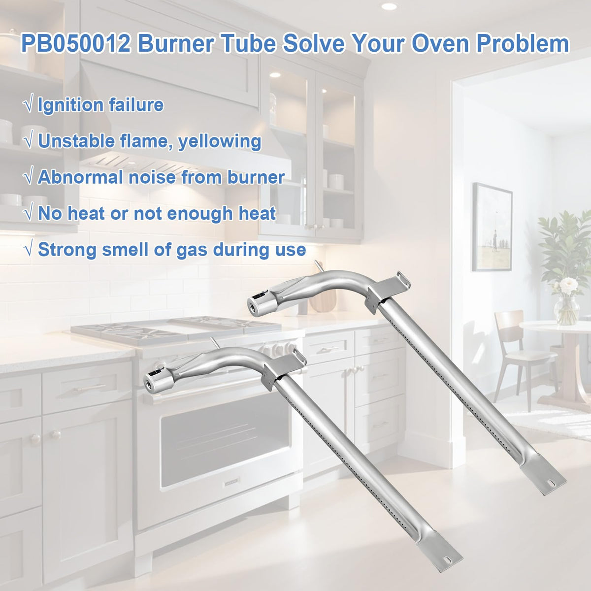 2 Pack PB050012 Oven Burner Tubes, Stainless Steel Oven Replacement Tube, Compatible With Viking Gas Burnner Models EVGIC305, EVGIC365, EVGIC485, VGIC305, Replace PB050009, AP5315675, 811319