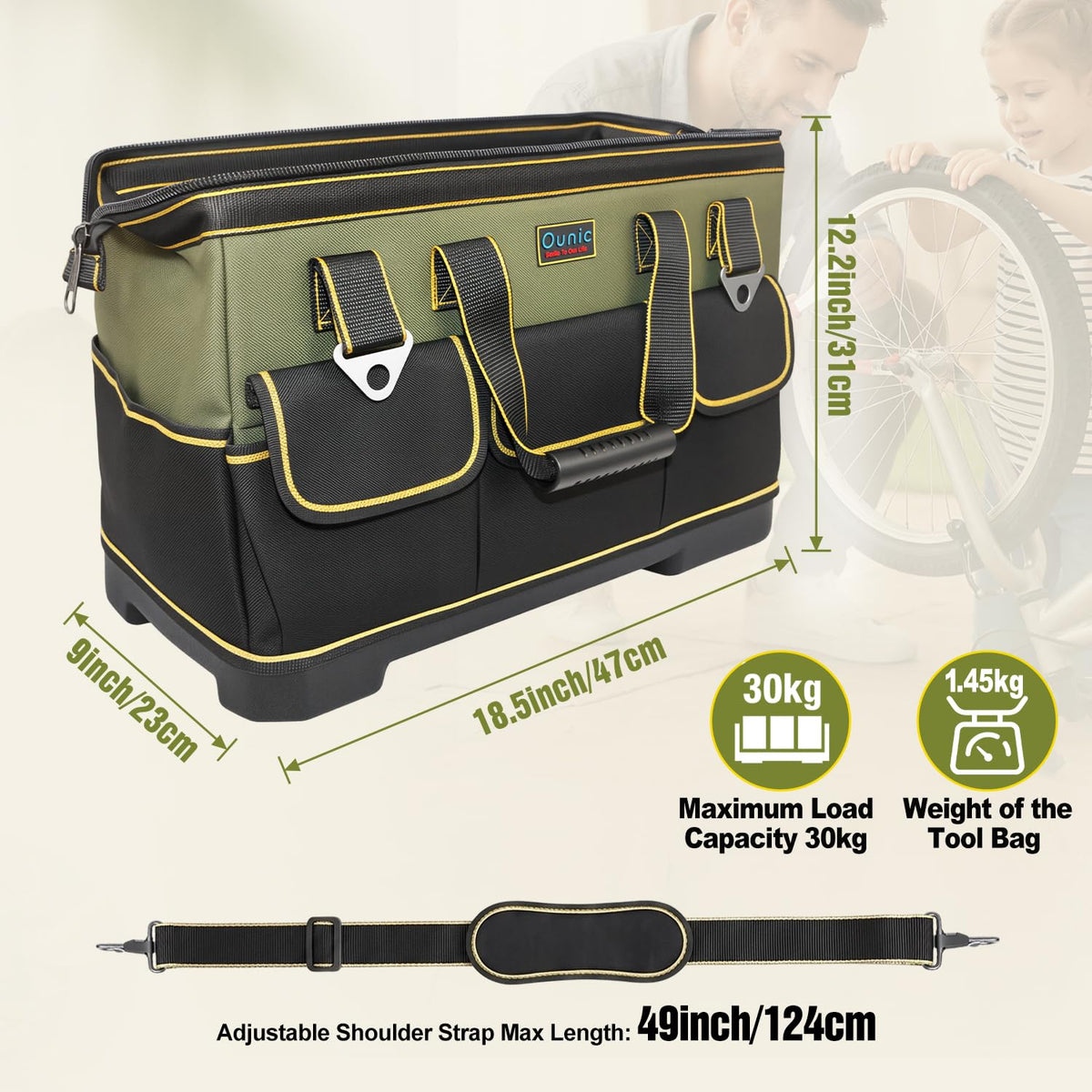 18 Inch Heavy Duty Tool Bag, 16-Pocket Portable Tool Box Organizer