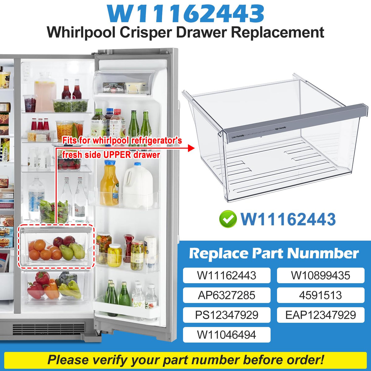 UPGRADED W11162443 Refrigerator Crisper Drawer For