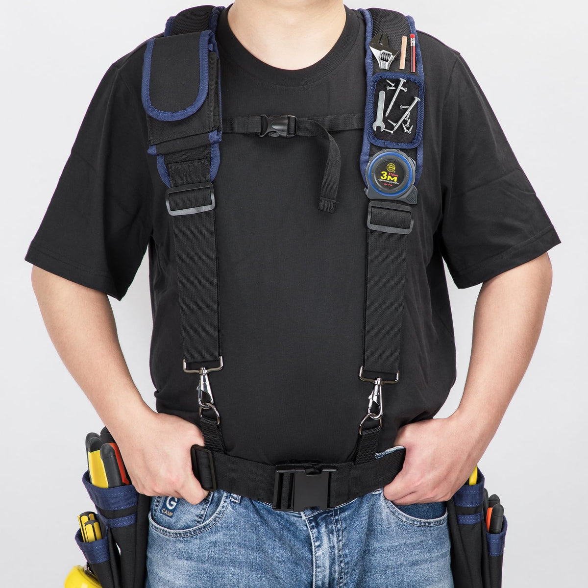 UMYLOV Tool Belt Suspenders for Men, Adjustable Padded Carpenter Tool Belt with Magnetic WristBand Multifunctional Pouch Pocket for Construction Workers (Black)