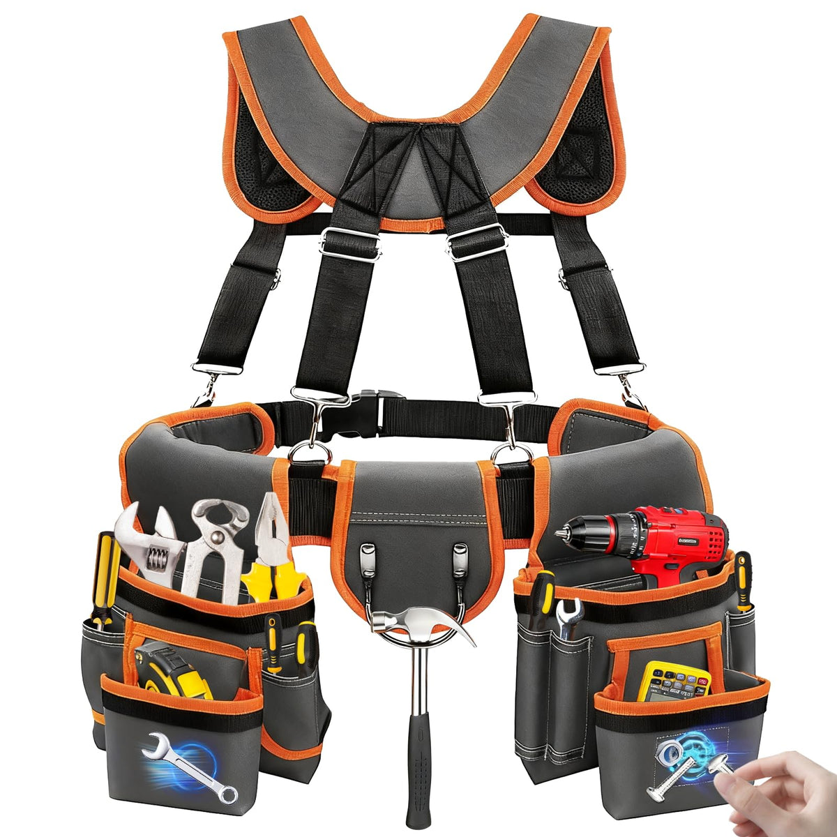 Tool Belt，Tool Belts for Men，Electrician/Carpenter Tool Belt Suspenders，Comes with Magnetic Tool Kit and Straps, Heavy-Duty Detachable and Adjustable Multifunctional Waist Belt Work Bag (Gray Orange)