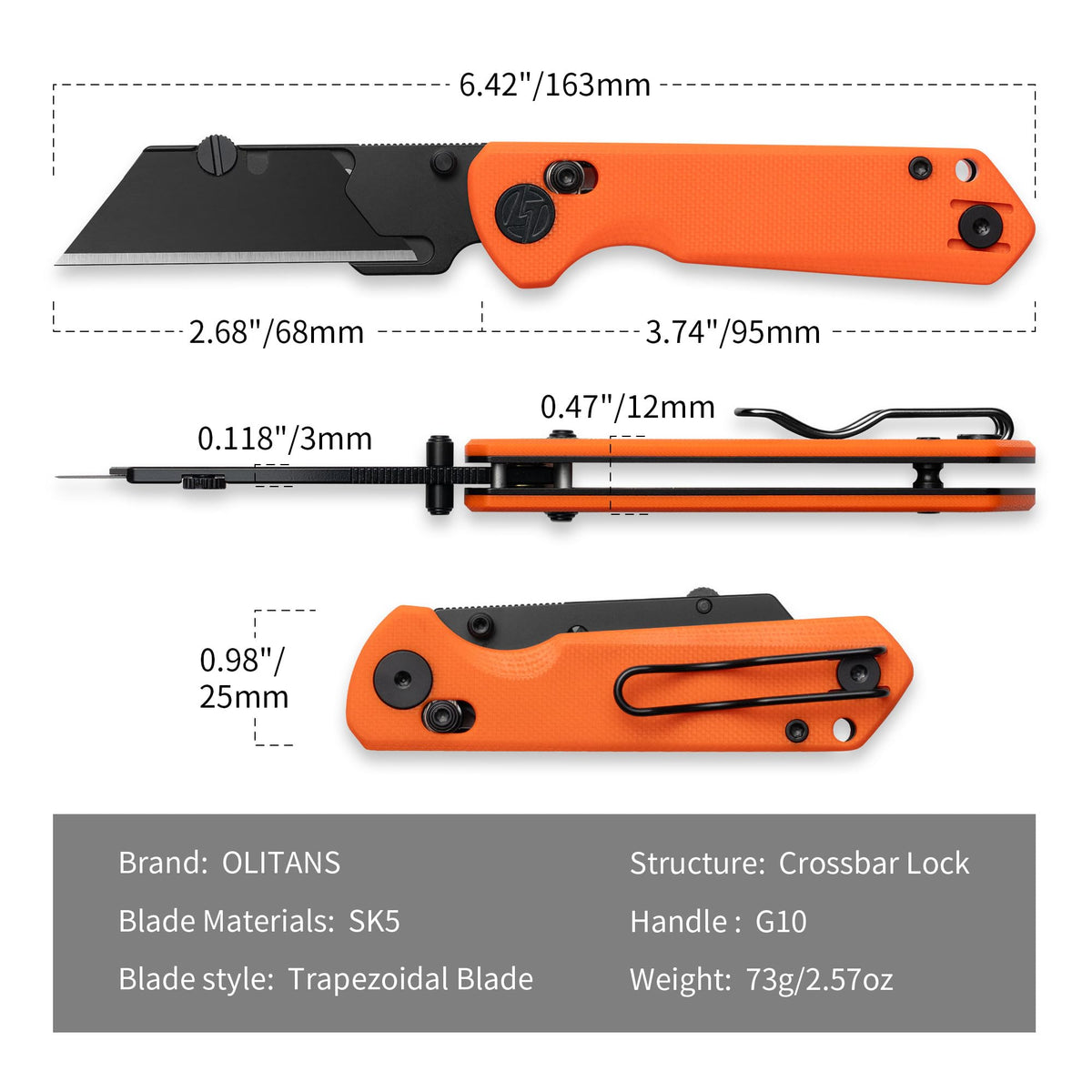 OLITANS G076 Folding Utility Knife, Crossbar Lock, G10 Handle, Orange