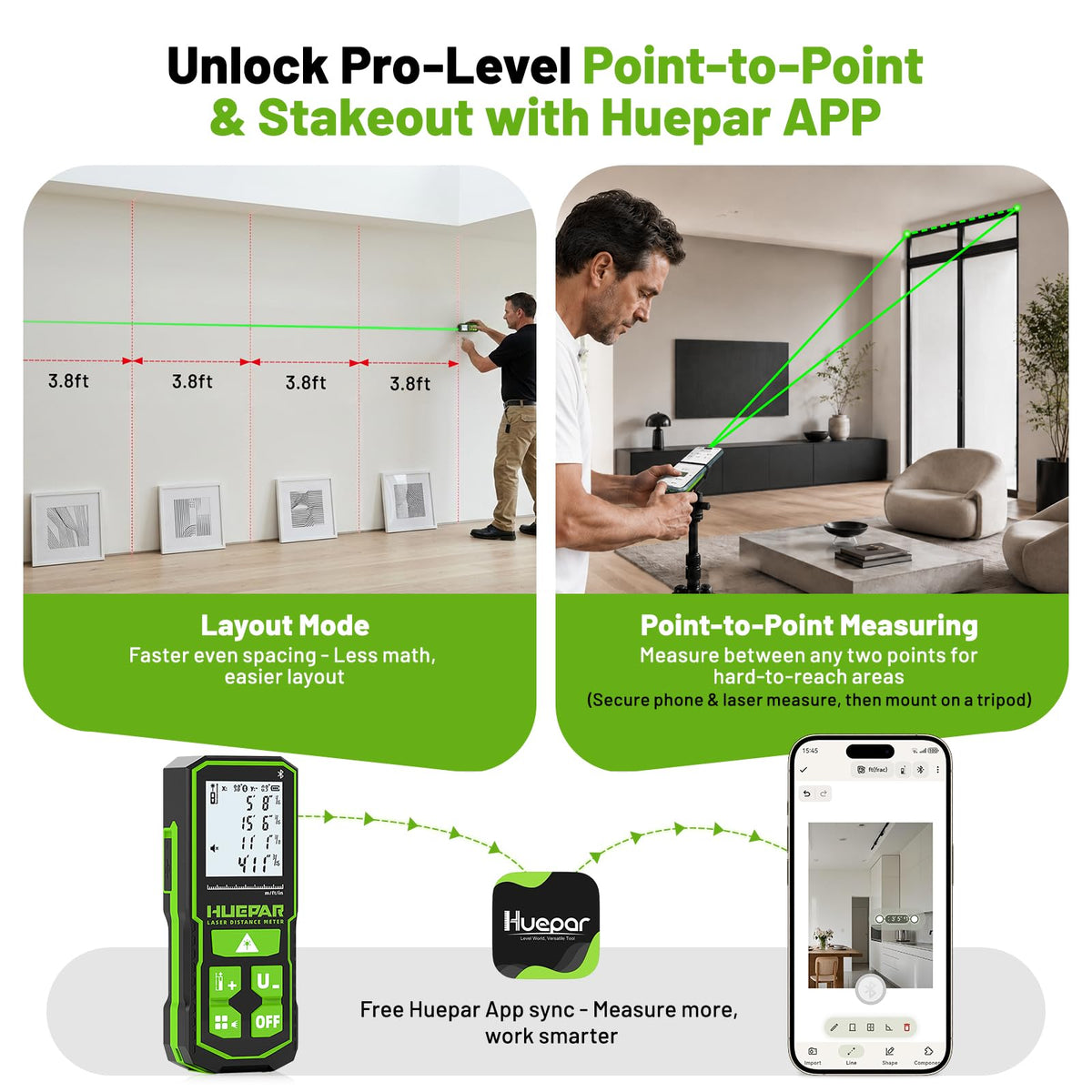Huepar Bluetooth Green Laser Measuring Tool 200FT, S60-G-BT