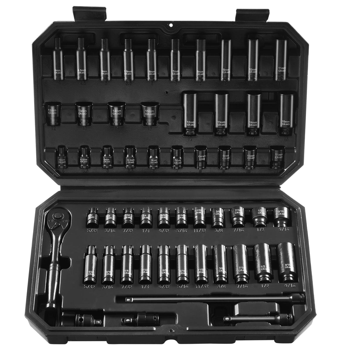 VEVOR Impact Socket Set 1/4" Drive, 55-Piece Deep & Shallow Socket Set Standard SAE (5/32 to 9/16 inch) & Metric (4 to 15 mm) Size, 6 Point, CR-V, Extension Bar, Universal Joint, Reducer