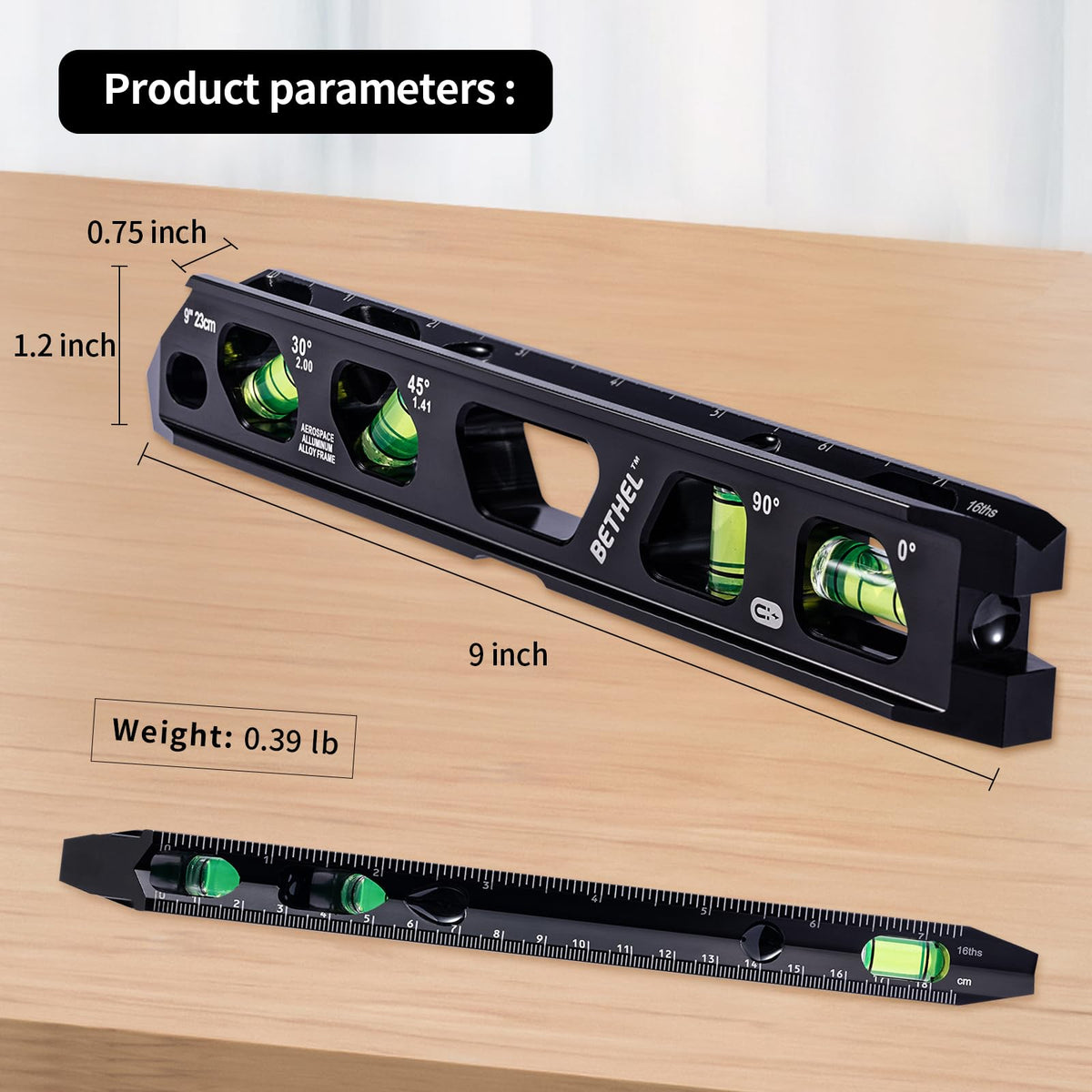BETHEL 9 Inch Magnetic Torpedo Level with 4 Bubble Vials, V-Groove & Magnetic Rails, Black Aluminum Alloy Construction