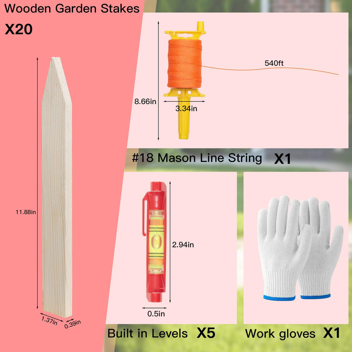 12inch Red Construction String Line Kit: 20 Wood Stakes, 540ft Mason Line, 5 Levels