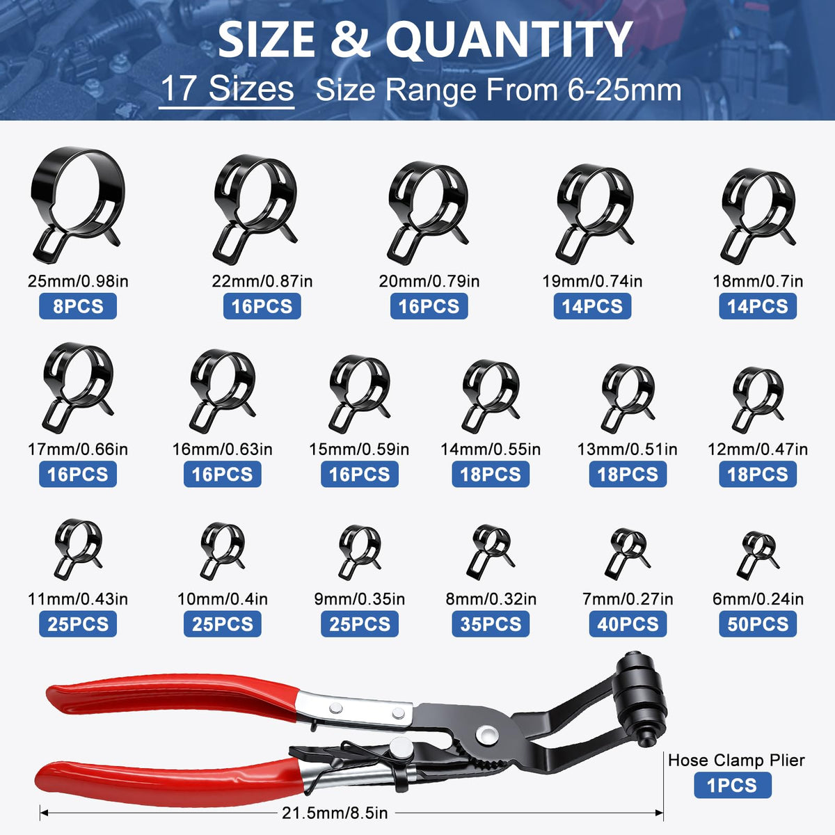 Tnisesm 370PCS 6-25mm Spring Band Hose Clamps Assortment kit with Hose Clamp Plier, Constant Tension Hose Clamps for Fuel Lines, Silicone Vacuum Hoses, Water Pipe, Low-Pressure Air Clips