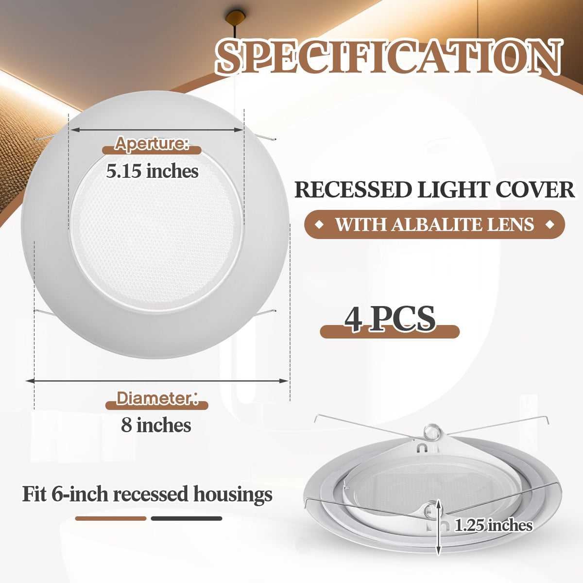 Glooglitter 4 Pcs 6 Inch Shower Trim Recessed Light Covers with Lens