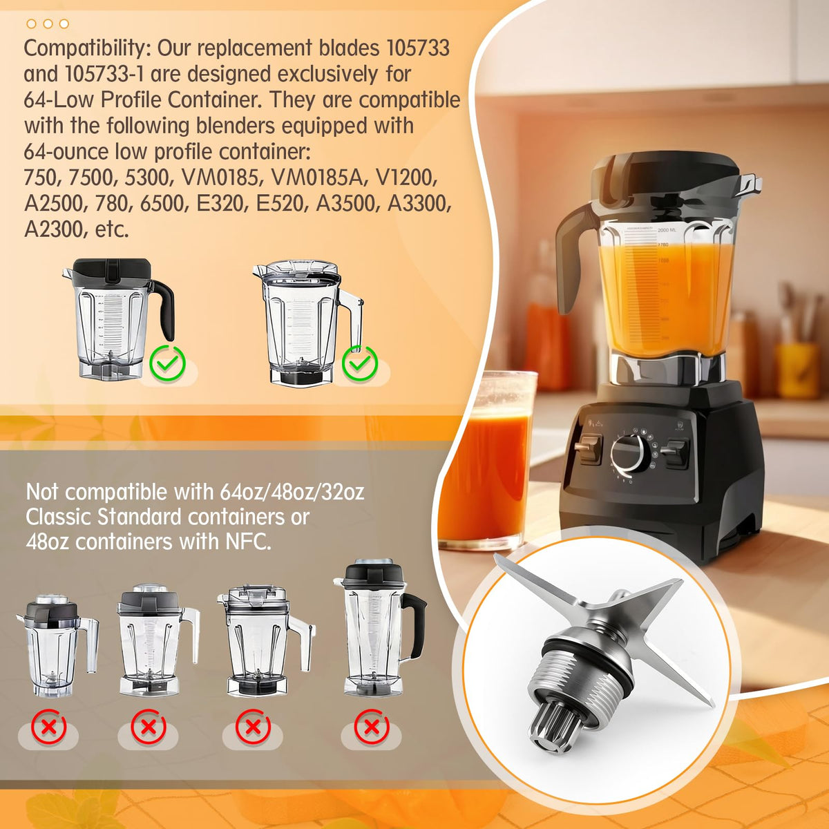 105733 Blade Replacement for Vitamix 64 oz Low Profile Container