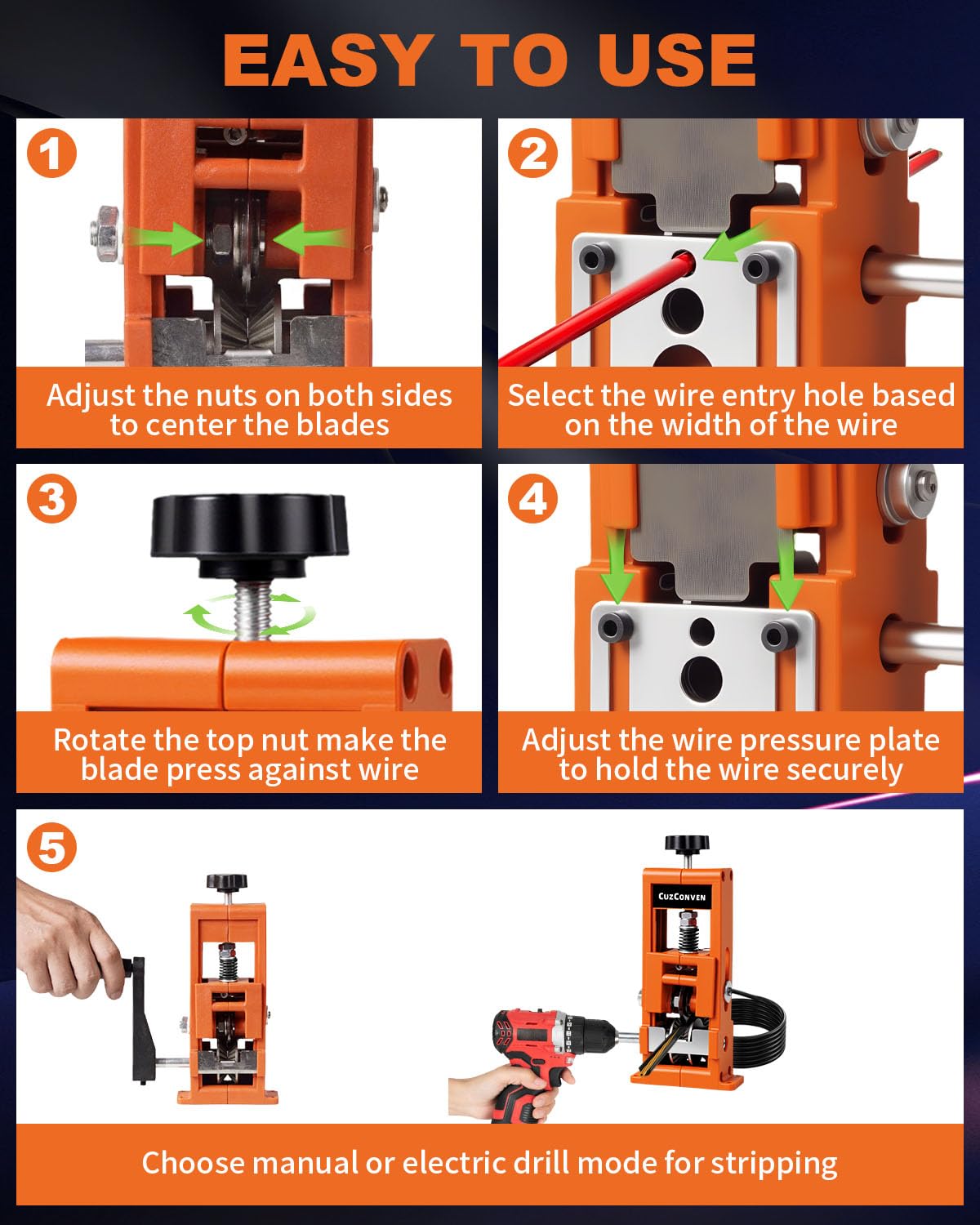 CuzConven Wire Stripper Machine,0.04-1 Inch Scrapping Copper Wire Peeler Machine, Drill Powered/Hand Crank Dual-drive Wire Stripper Tool for Scrap Copper Recycling & DIY etc.
