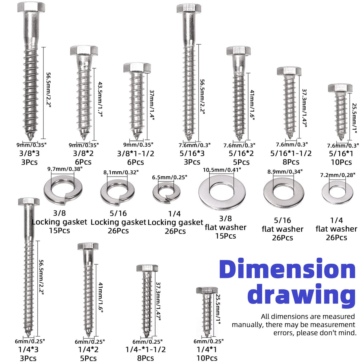 Glarks 201Pcs 1/4" 5/16" 3/8" 304 Stainless Steel Hex Lag Screws Assortment Kit Hex Lag Bolts with Flat Washers and Lock Washers Set for Fixing Metal, Wood, Plastic Materials