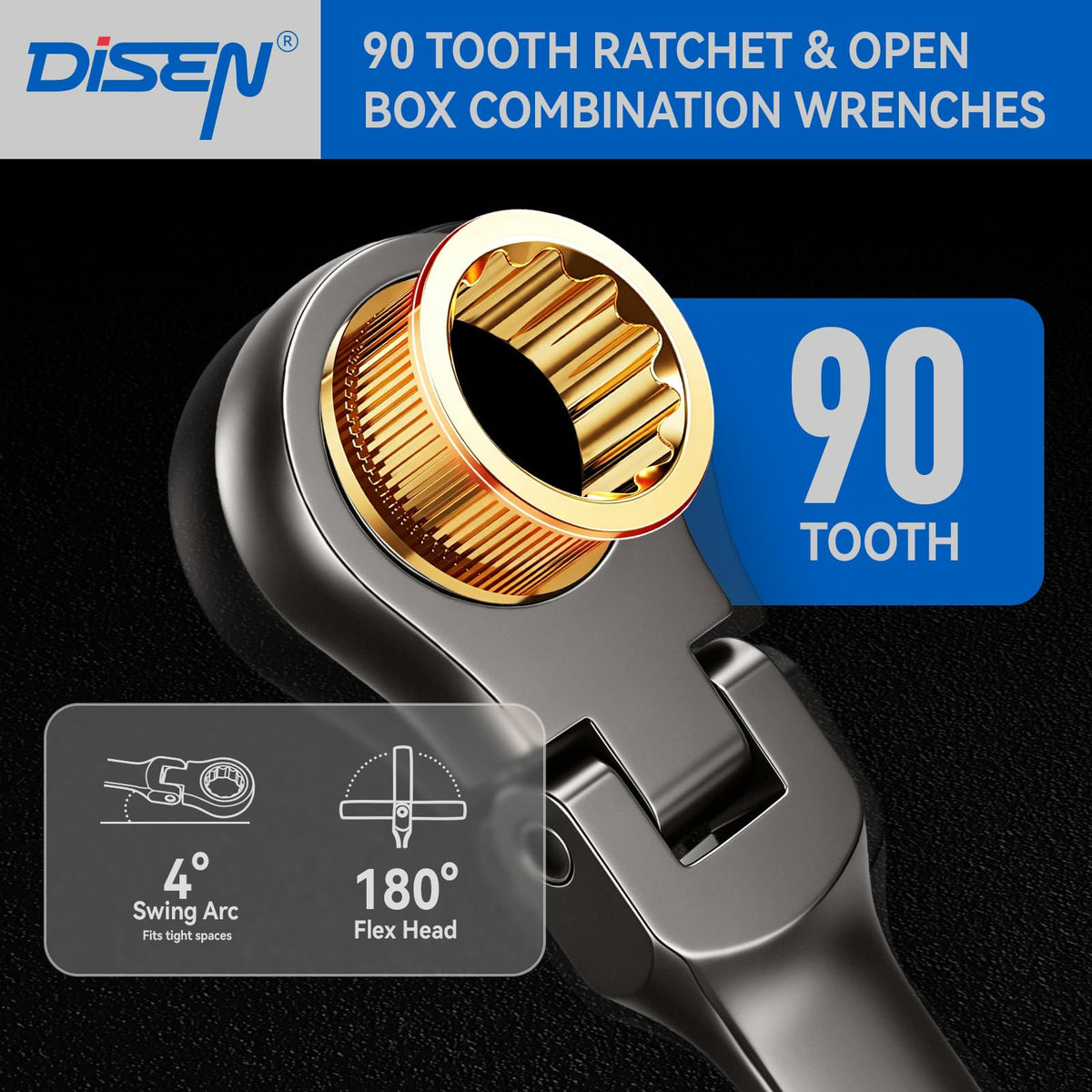 DISEN Ratcheting Wrenches Set 90 Tooth Flex-Head with Nickel Plating 24 Pcs