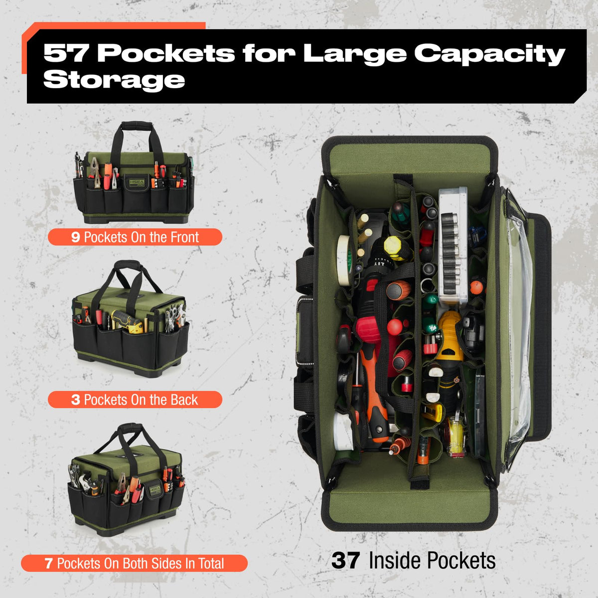 HISEA 16-Inch Tool Bag for Men, Tool Box Organizer with Magnetic Light