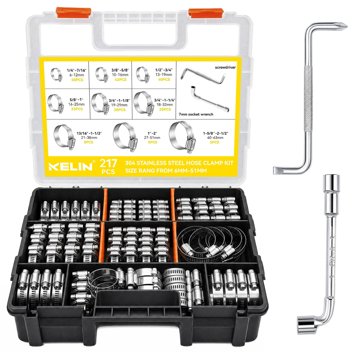 KELIN 217PCS Hose Clamp Kit 304 Stainless Steel 9 Sizes 1/4"-2-1/2"