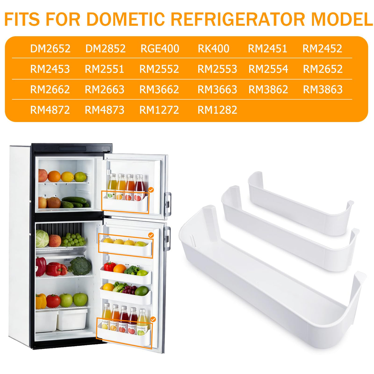 Genukraft 29325760166 RV Fridge Door Shelf Replacement Kit, Fit for Dometic DM2652 DM2852 RM Series Fridges 3 Pack White Freezer Upper Bottom Door Bin Snap-In Food Grade Replacement