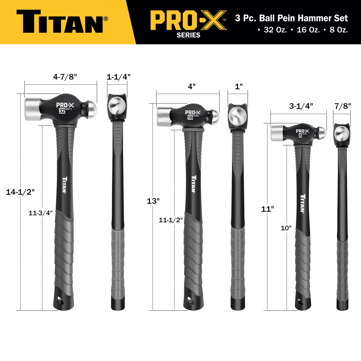 Titan Pro-X 63706 3-Piece Ball Pein Hammer Set, Includes 8oz, 16oz & 32oz Ball Peen, Overstrike Protection, Forged Steel Heads, Shock Absorbing Fiberglass Handles & Textured Grips