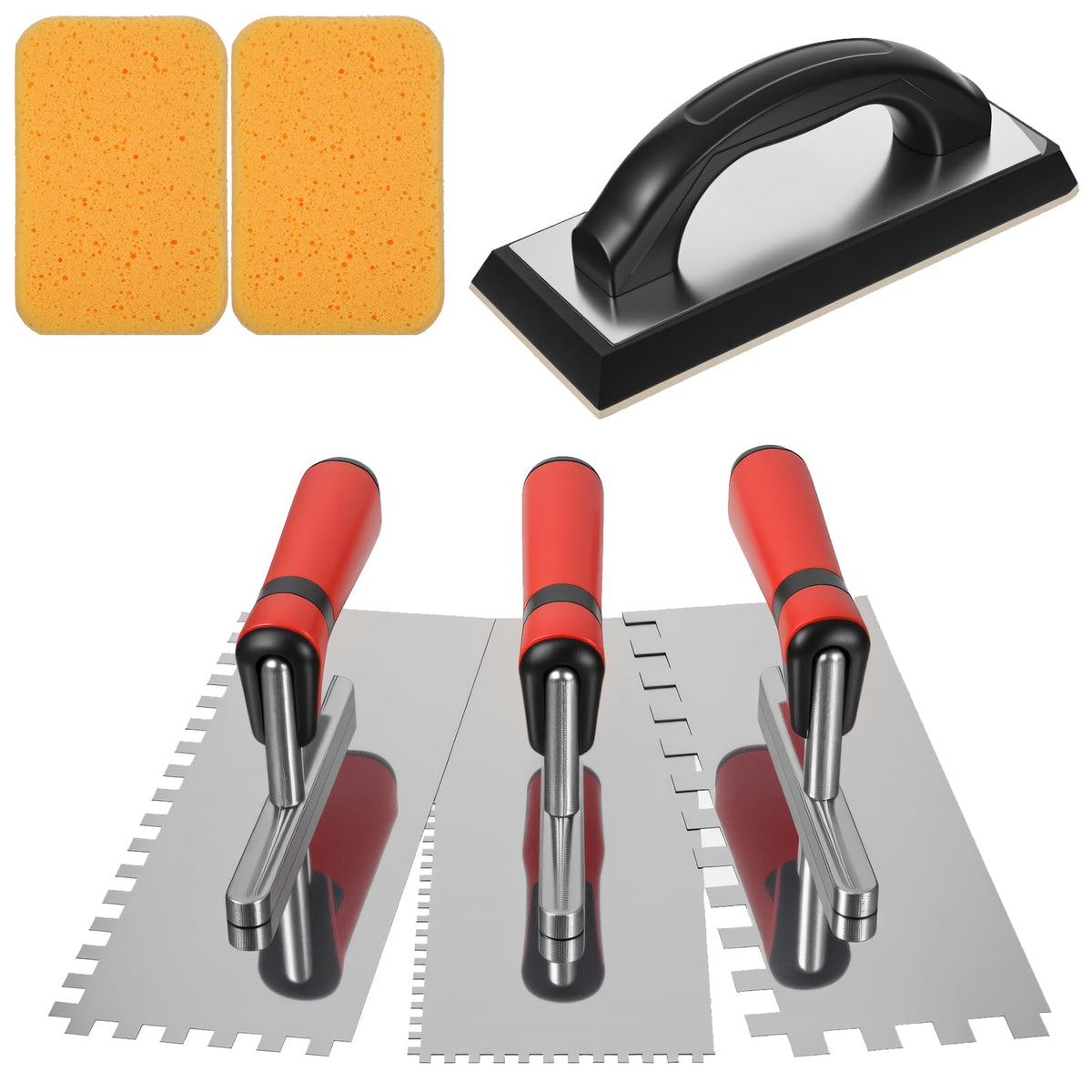 6 Pcs Tile Trowel Tools Set Include 3 Pcs Stainless Steel Square Notch Trowel, 1 Rubber Grout Float and 2 Grout Sponge for Masonry Tiling Tools and Flooring Installation