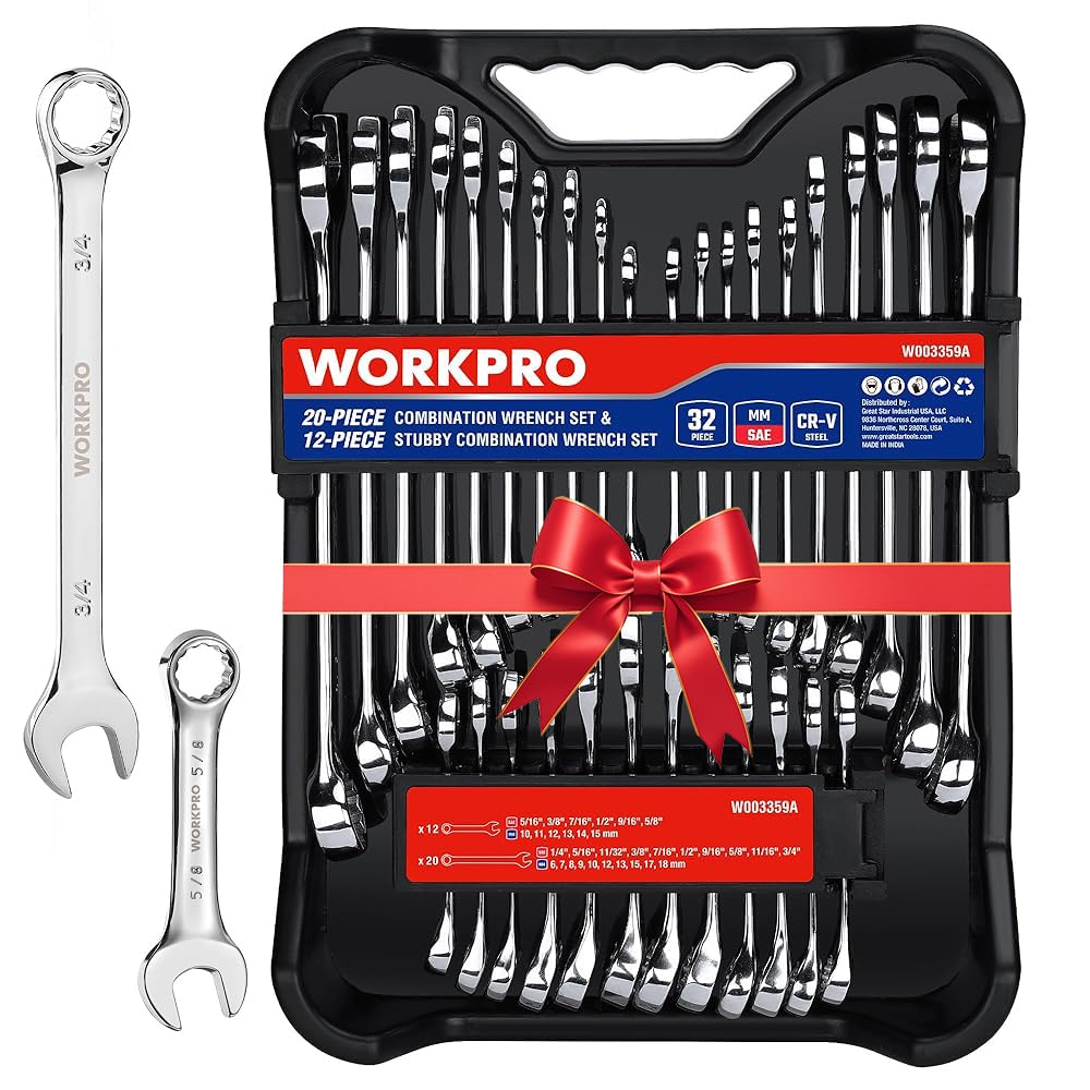 WORKPRO 32-Piece SAE & Metric Combination Wrenches Set, 20-Piece Standard wrenches and 12-Piece Stubby Wrenches with Organizer Tray, Cr-V Steel Mirror Chrome Polished