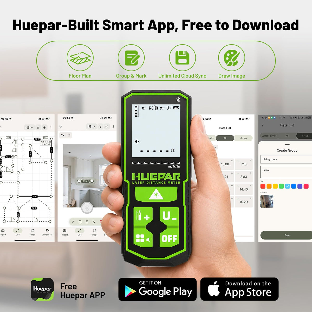 Huepar Bluetooth Green Laser Measuring Tool 200FT, S60-G-BT