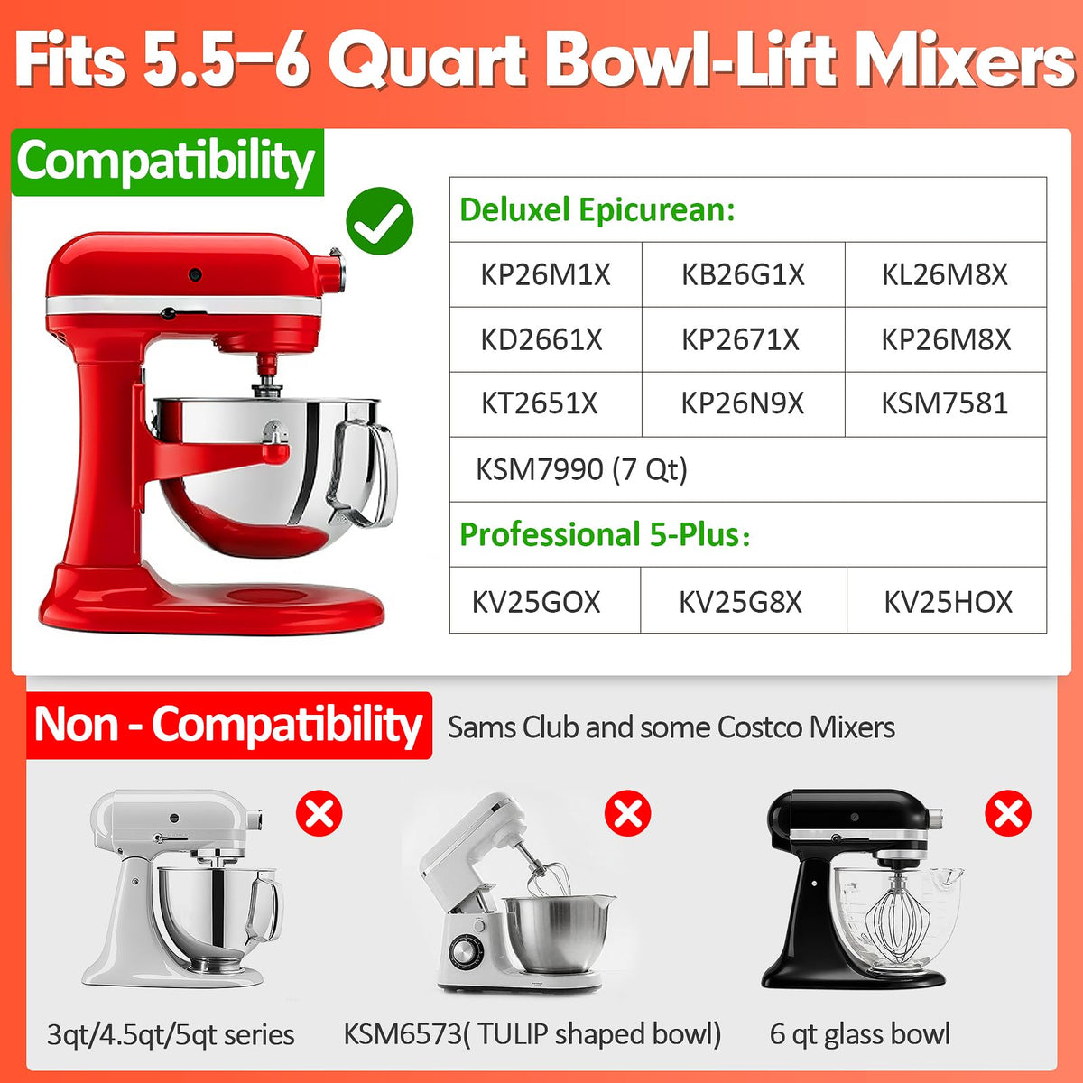 Flex Edge Beater Compatible with KitchenAid 5.5-6 Quart Bowl-Lift Stand Mixers, 6QT Paddle Attachment Replacement with Silicone Scraper, Heavy Duty Mixer Accessories, Dishwasher Safe