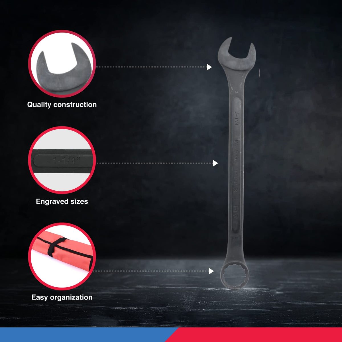 Neiko 03574A Jumbo Combination Wrench Set, 16 Piece, SAE, 1/4” to 1-1/4”, Raised Panel Construction