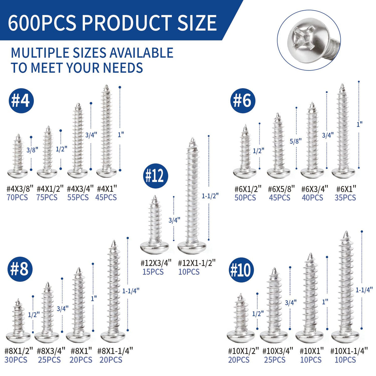 600 PCS 304 Stainless Steel Wood Screws Assortment Kit,Assorted Sheet Metal Screws #4/#6/#8/#10/#12 Phillips Pan Head Self-Tapping Screws Set,Assorted Wood Screws, Length 3/8" to 1-1/2" (Silver)