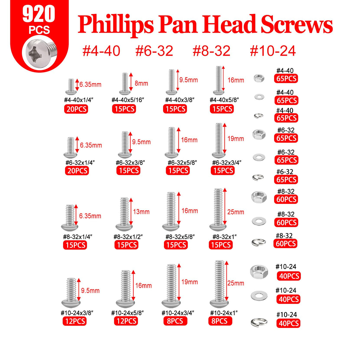 Twidec/1511PCS Nuts and Bolts Assortment Kit,Machine Screws,304 Stainless Steel Phillips Pan Head and Flat Head Screws #4-40#6-32#8-32#10-24#1/4-20 with Nuts, Bolts,Washers in the Storage Case