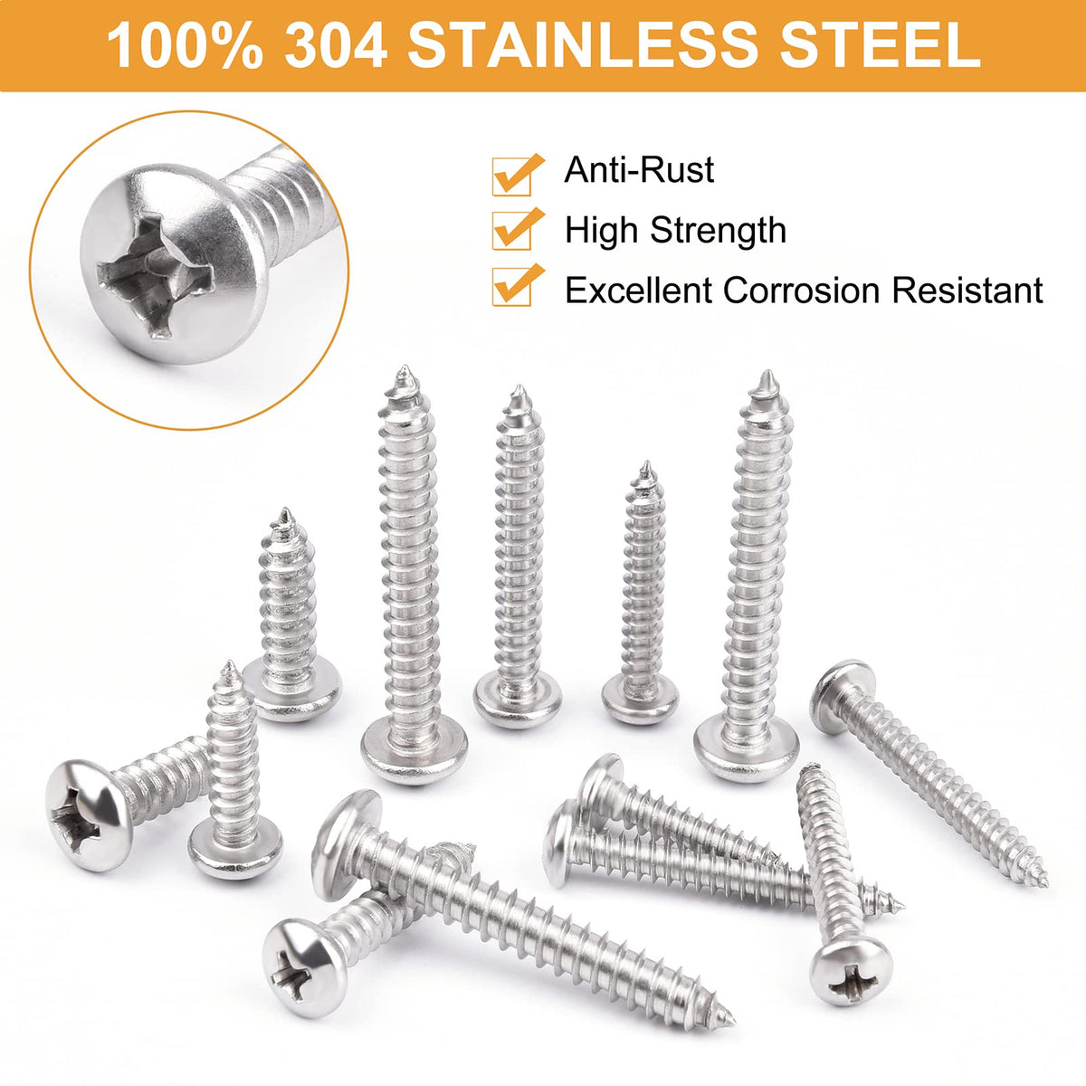 VIGRUE 510Pcs Stainless Steel Wood Screws Assortment Kit, #4#6#8#10#12 Phillips Pan Head Sheet Metal Screws Self Tapping Screws Set,Length 3/8" to 1-1/2"