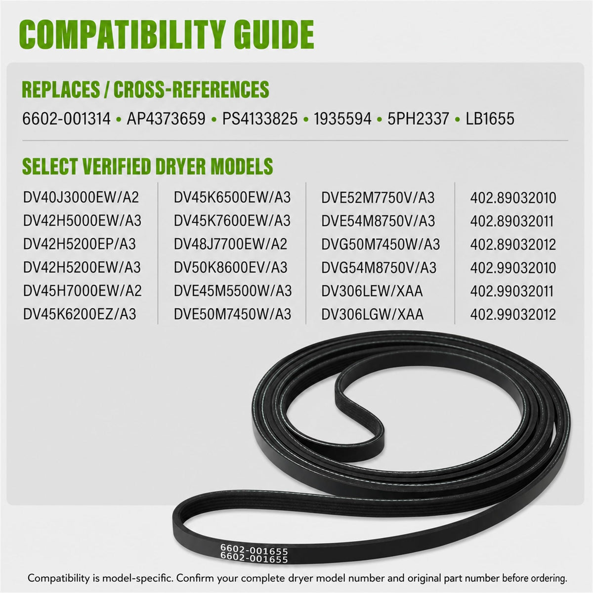 JZWON 6602-001655 Dryer Drum Drive Belt, 92-Inch x 5/16-Inch, 5-Rib 4-Groove Replacement for Select Samsung and Kenmore Dryers, Replaces 6602-001314, AP4373659, PS4133825