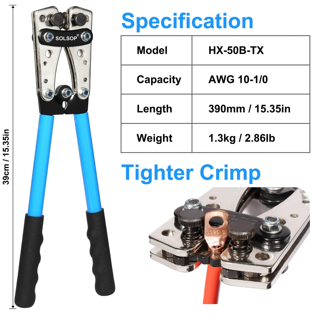 Solsop Battery Cable Crimper Tool for AWG 10, 8, 6, 4, 2, 1/0 Gauge