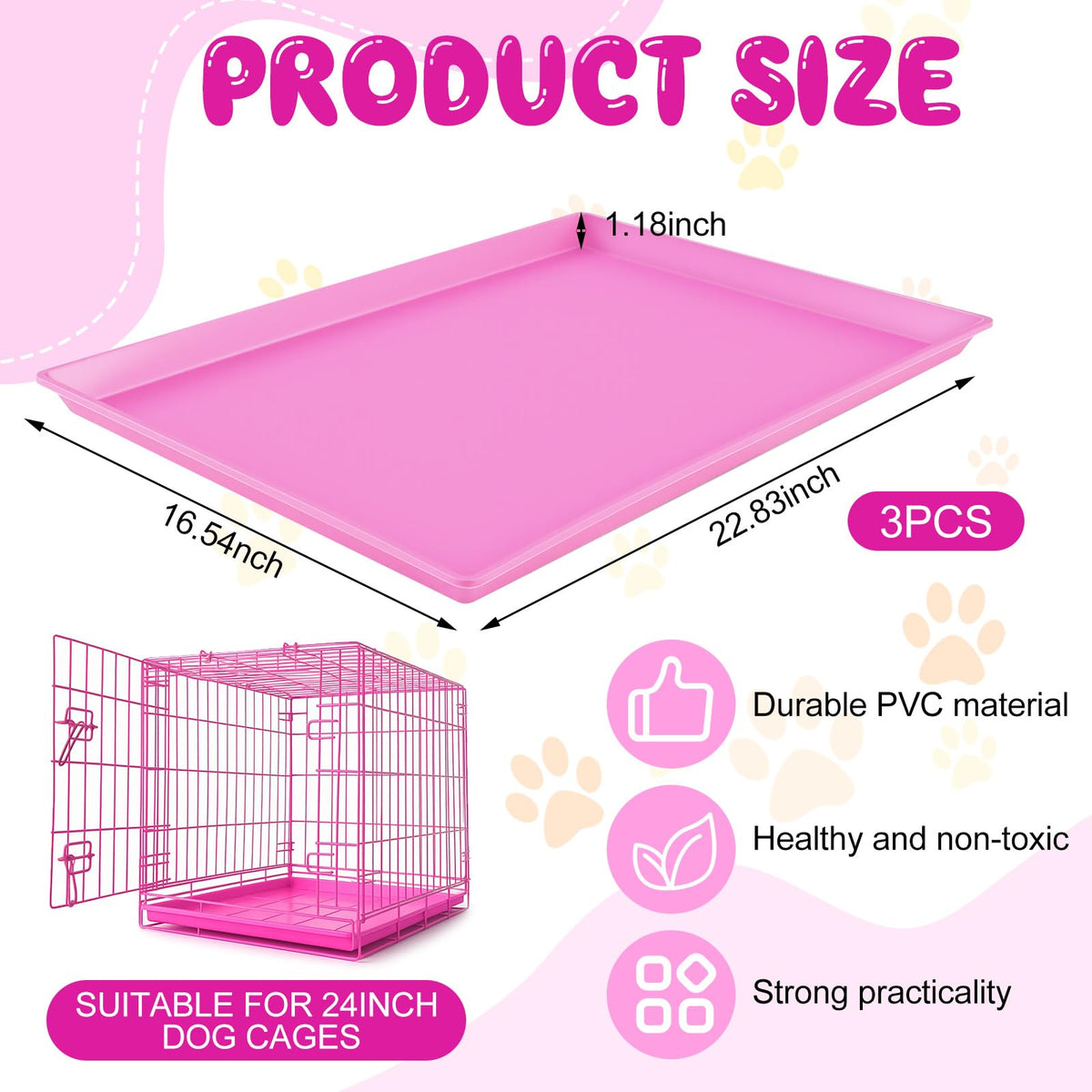 Maxdot 3 Pack Hot Pink Dog Crate Replacement Trays for 24 Inch Kennels, PVC