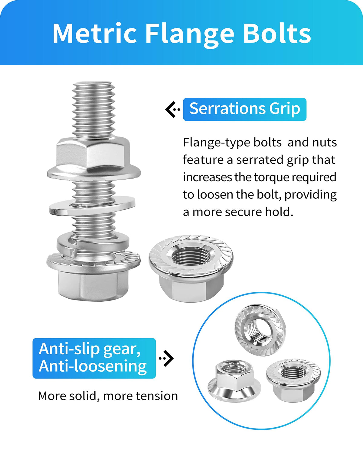 300Pcs Metric Flange Bolts Assortment, M6 M8 M10 Flange Hex Bolts and Nuts Washers Kit, 304 Stainless Steel Serrated Flange Nuts and Bolts, M6x1.0, M8x1.25, M10x1.5 (12mm to 30mm)(Silver)