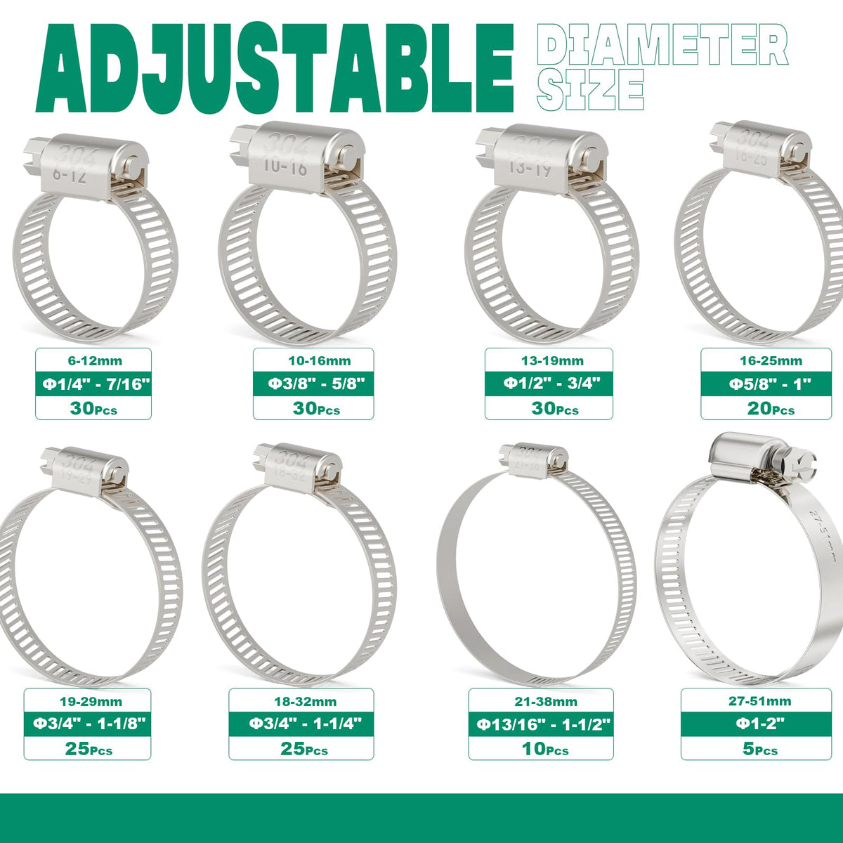 OURU 175PCS Hose Clamps Assortment Kit, Adjustable 1/4"-2"(6-51mm), 8 Sizes