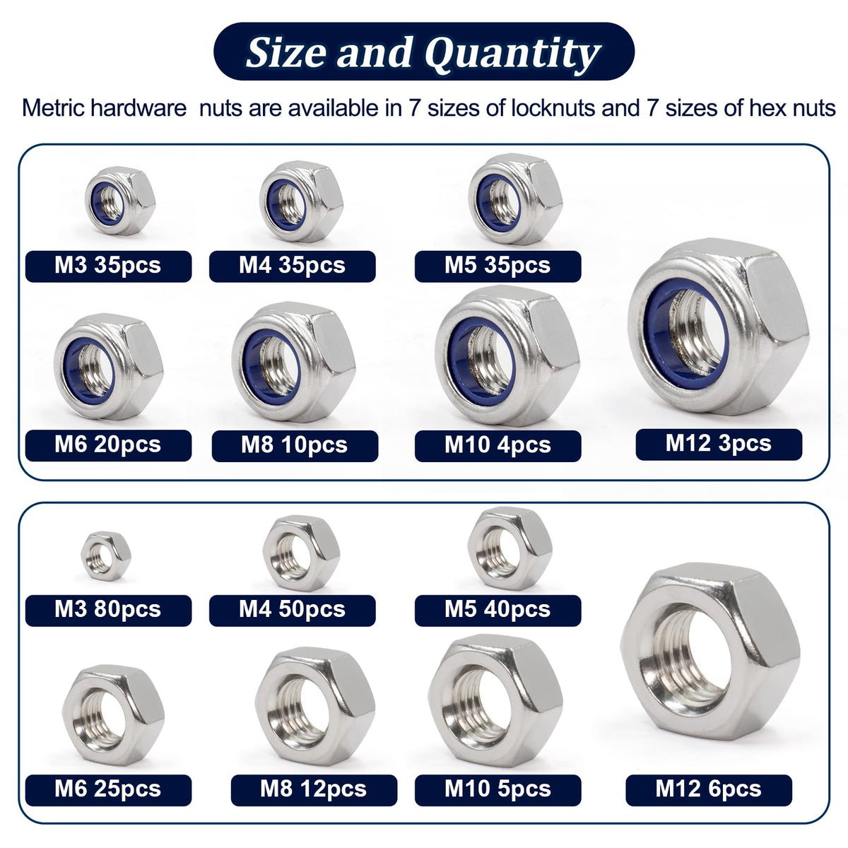 ZQZ 360Pcs Metric Hex Nut & Lock Nuts Assortment Kit (M3-M12) Hardware Nut