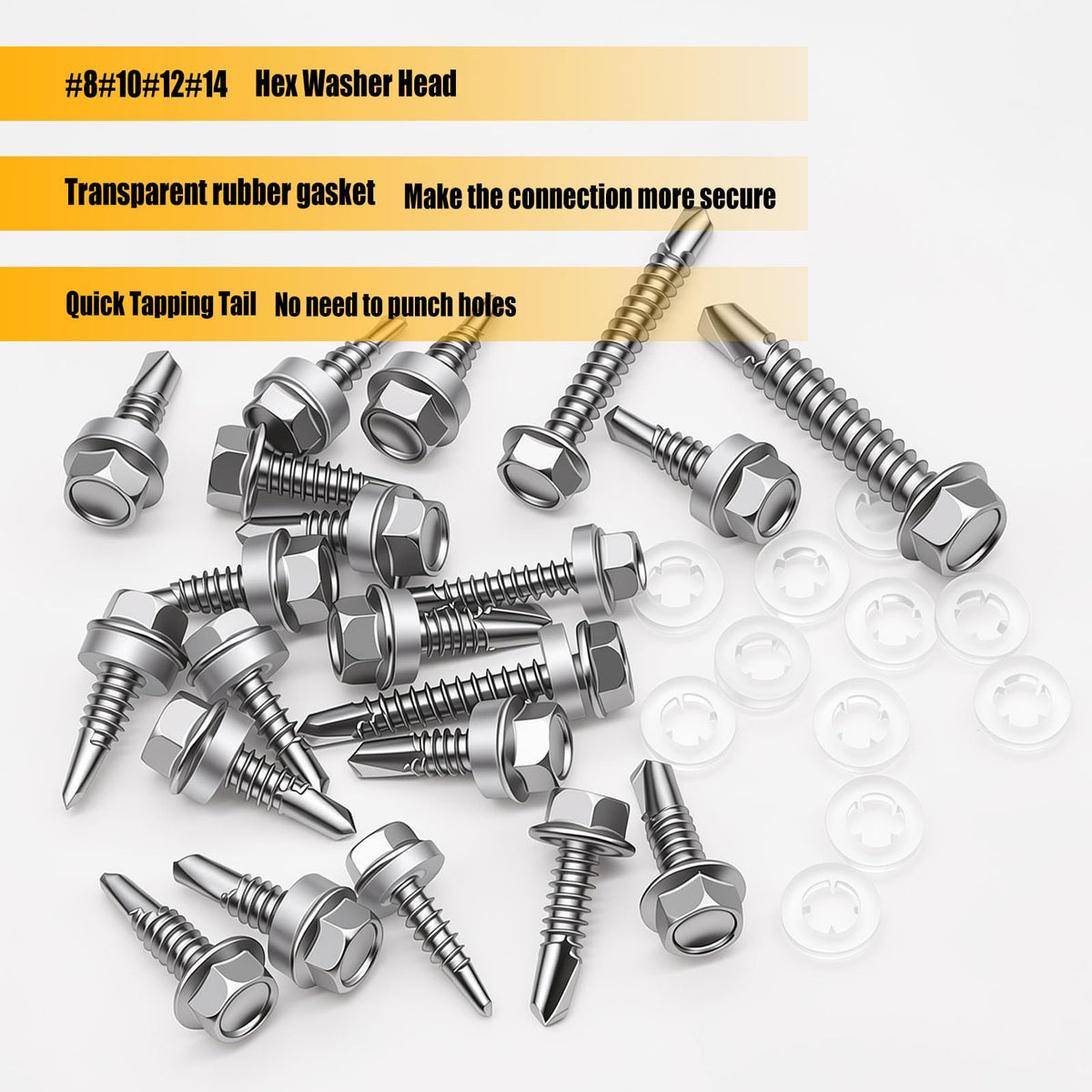 weideer 1000pcs Self Tapping Screws for Metal, #8#10#12#14,410 Stainless Steel Sheet Metal Screws Assortment Kit, Hex Washer Head Self Drilling Screw with Rubber Washer,Length 1/2" to 2''