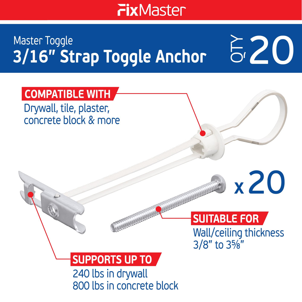 3/16" Heavy Duty Toggle Bolts Strap Drywall Anchors, Wall Anchors for Drywall & Furniture (20 Pack) with 20 Steel Threaded Studs, 3/16"-24 UNC Fastener, Great for TV Mounting, 240 lb Holding Strength