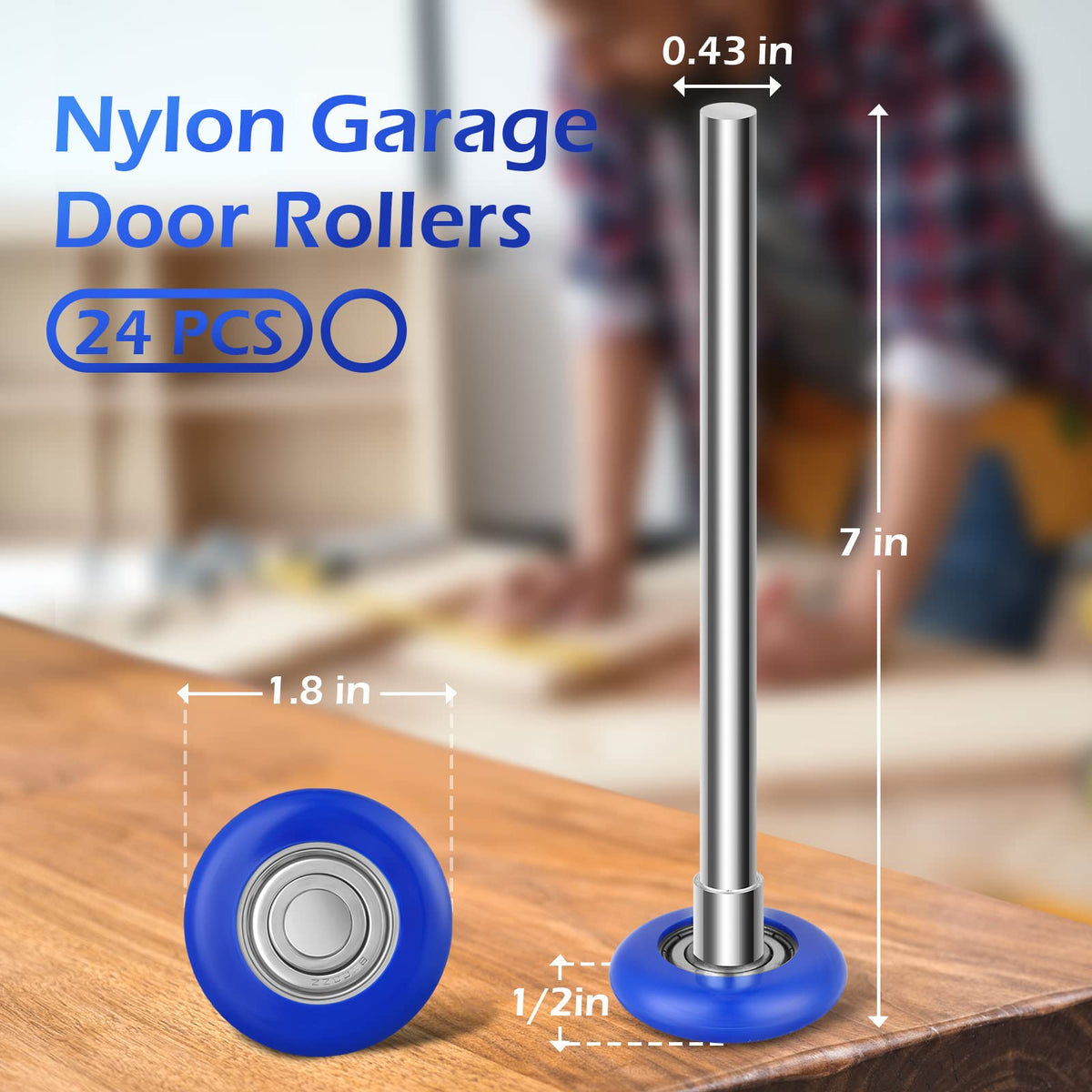 Treela 24 Pcs 1.8” Nylon Garage Door Rollers, Quiet Durable Garage Door Replacement Wheels Kit for 2" Track 7" Extended Stem Smooth High Load 6200zz Double Seal Precision Ball Bearings Parts