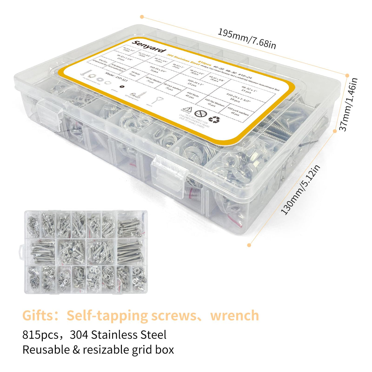 815pcs Machine Screws Assortment Kit,#10-24 #8-32 #6-32 Phillips Pan Head nut and Bolt Assortment Kit (with Lock&Flat washers・Wrenches) Stainless Steel Screw Bolt nut washers Assortment kit with case
