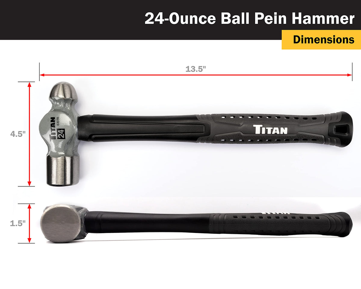 Titan 63016 24oz Ball Pein Hammer, Forged Steel Head, 13.5" Shock Absorbing Fiberglass Handle with Textured Rubber Grip