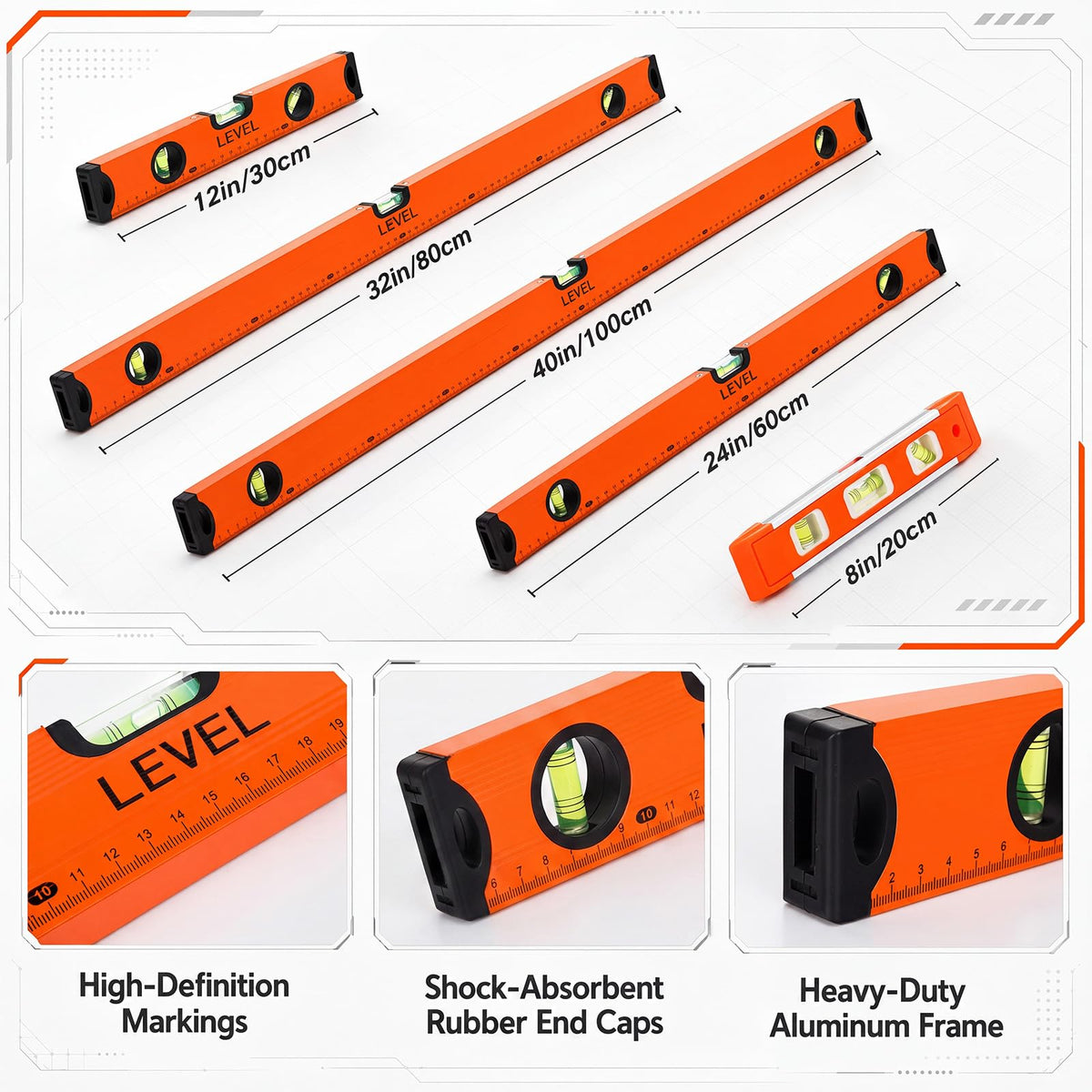 Xuhal 5 Pcs Magnetic Spirit Level Set 8" 12" 24" 32" 40" Torpedo Level