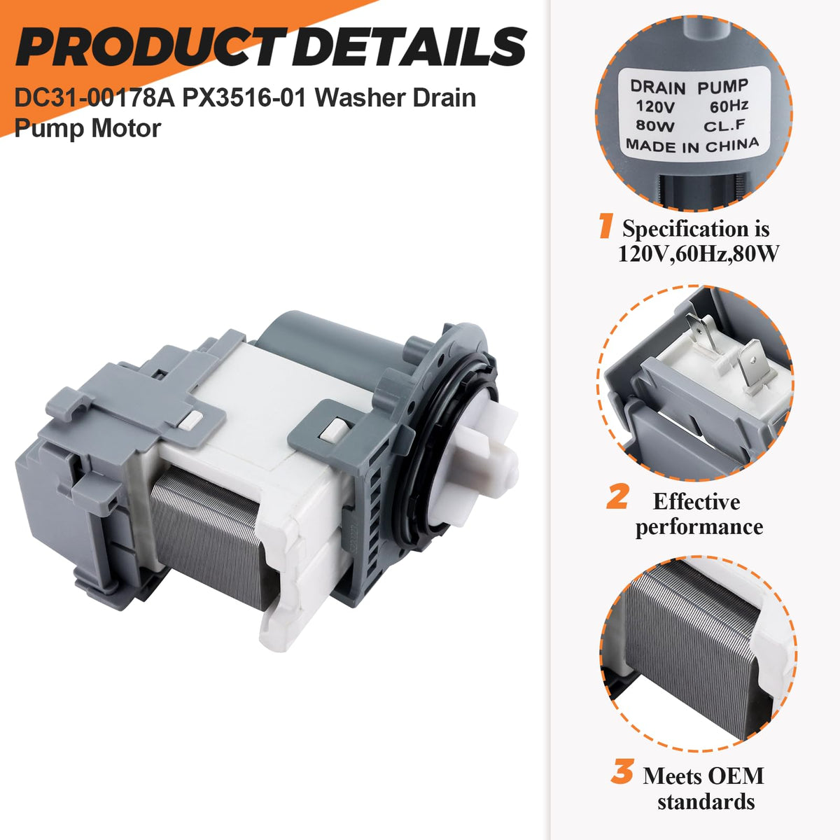 OEM DC31-00178A PX3516-01 Washer Drain Pump Upgrade Fit for SAMSUNG Washer, Replaces DC31-00187A DC97-19289F DC31-00178D B35-3a DC97-20621A PX3516-01, 5 YEARS WARRANTY by Beaquicy