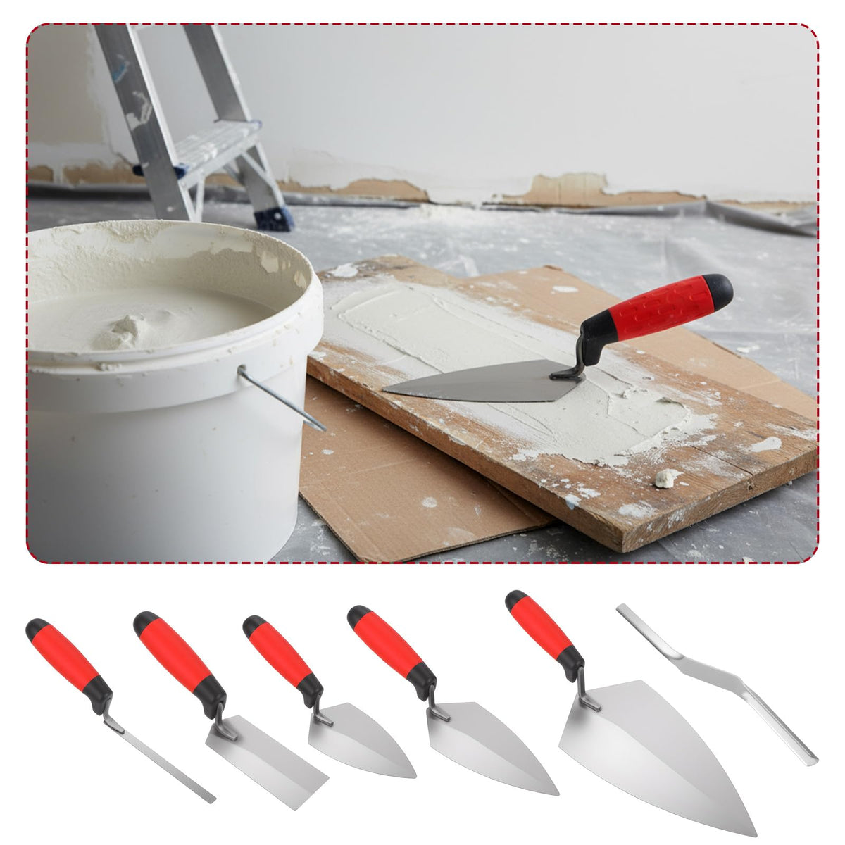 6 Pcs Masonry Hand Tool Set - 11" x 5-1/2" Philadelphia Brick Trowel, 2 Pcs Pointing Trowel, 5" x 2" Margin Trowel, 1/2" Tuck Pointing Trowel, 5/8” x 1/2” Convex Brick Jointer